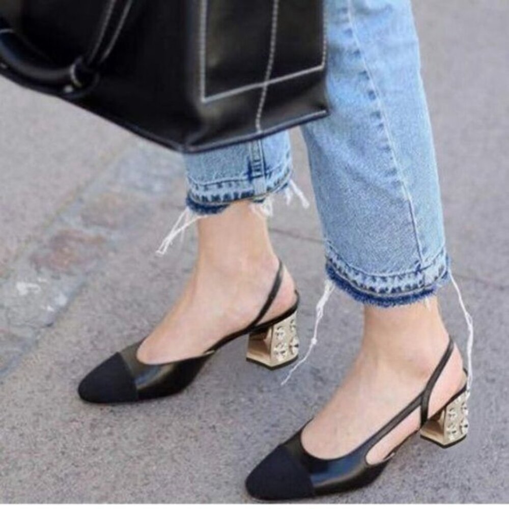 FOWT Black Rhinestone Rivet Chunky Heel Pumps Pointed Cap Toe Slingback Sandals